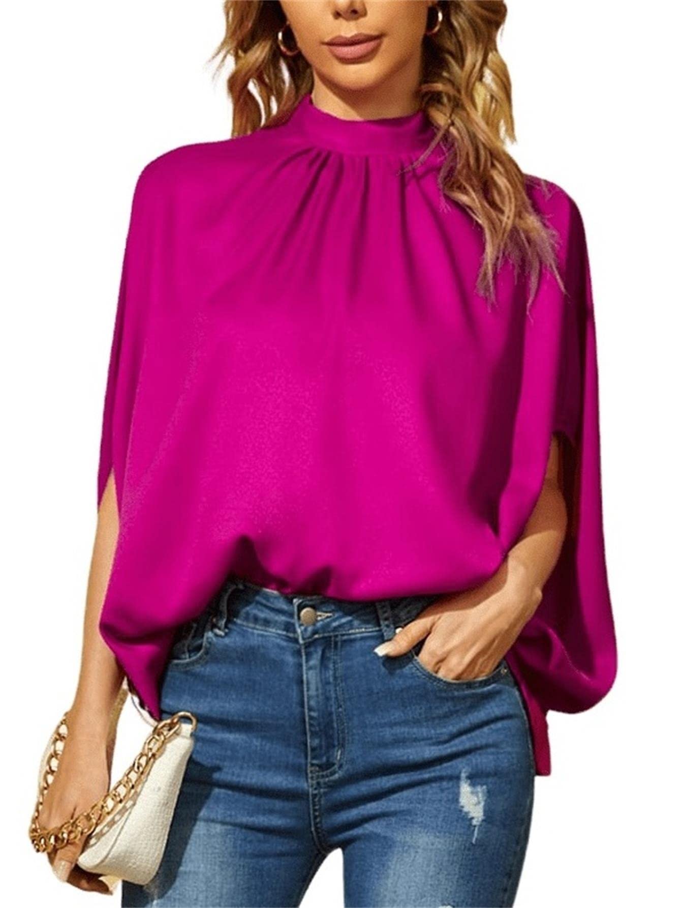 VerdusaWomen's Knot Back Batwing Sleeve Mock Neck Shirts Blouse Top