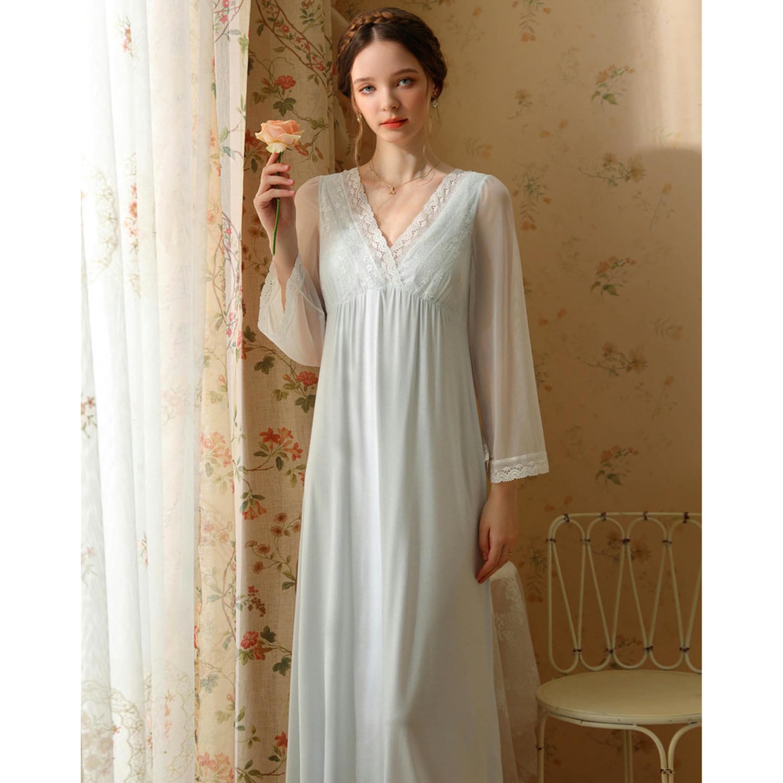Nachthemd Damen Spitzennachtskleid Für Mädchen Frühling Und Herbst Langarm Süße Prinzessin Baumwolle V-Neck-Pyjama Mit Brustpolster-rosa-m