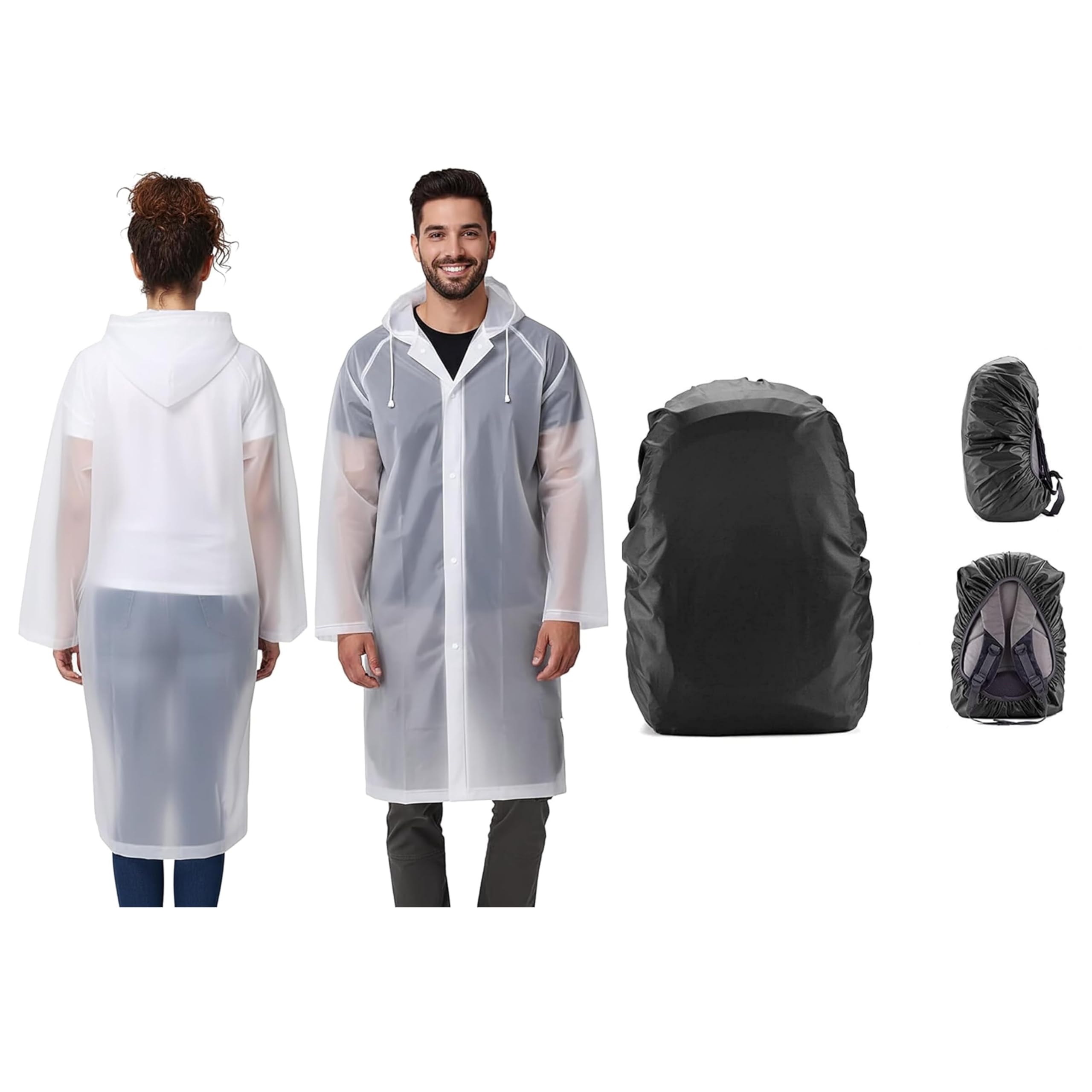 transparent hooded raincoat combo with waterproof mobile pouch & backpack rain cover | unisex rainy season protection kit for travel, bike & daily use