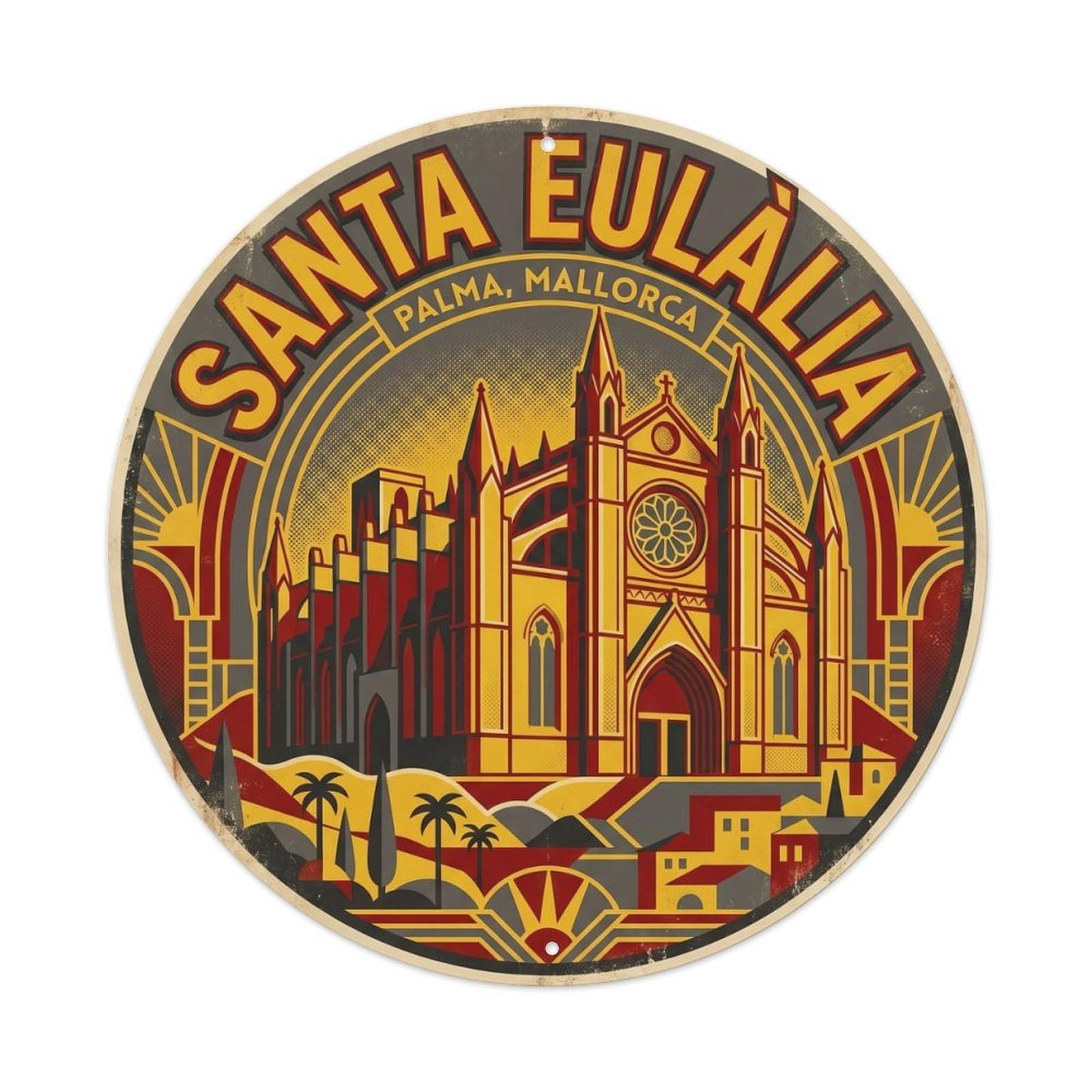Olhnbad Style Santa Eulalia Church Mallorca Historic Sanctuary Metal Tin Sign