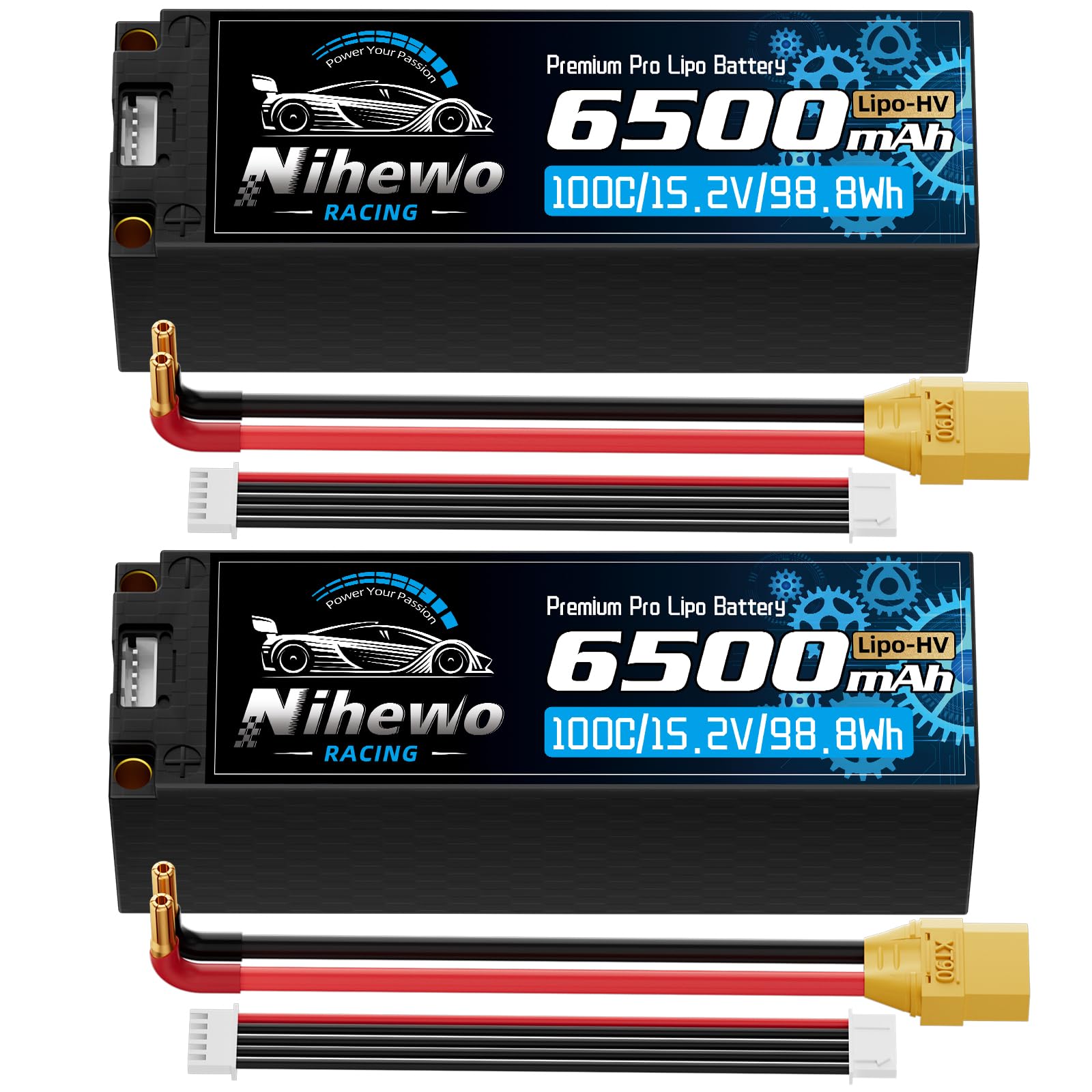 Batteria Lipo 4S da 15,2 V ad alto voltaggio, 6500 mAh, 100 C, alloggiamento rigido con banana da 5 mm + spina XT90, compatibile con auto RC, camion, veicoli Truggy buggy barca, aereo