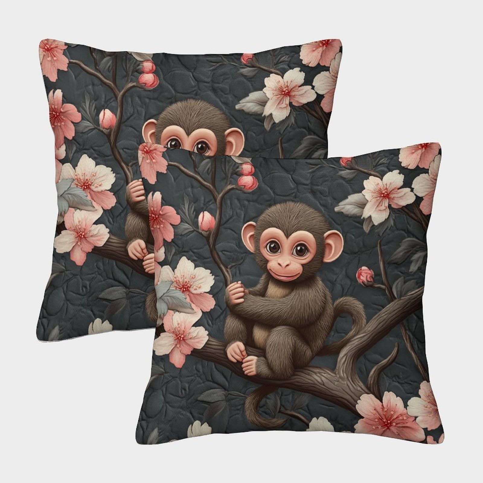 kaiyun 2 Pack 3D Little Monkey, Cherry Blossoms Cushion 3D Dark Gray Background Soft Touch Pillowcase,sofa Chair Home Furnishings 50x50cm