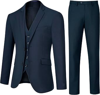 Mens Slim Fit 3 Piece Suit Set, Two Button Solid Blazer Jacket with Multi-Functional Pockets for Business/Party
