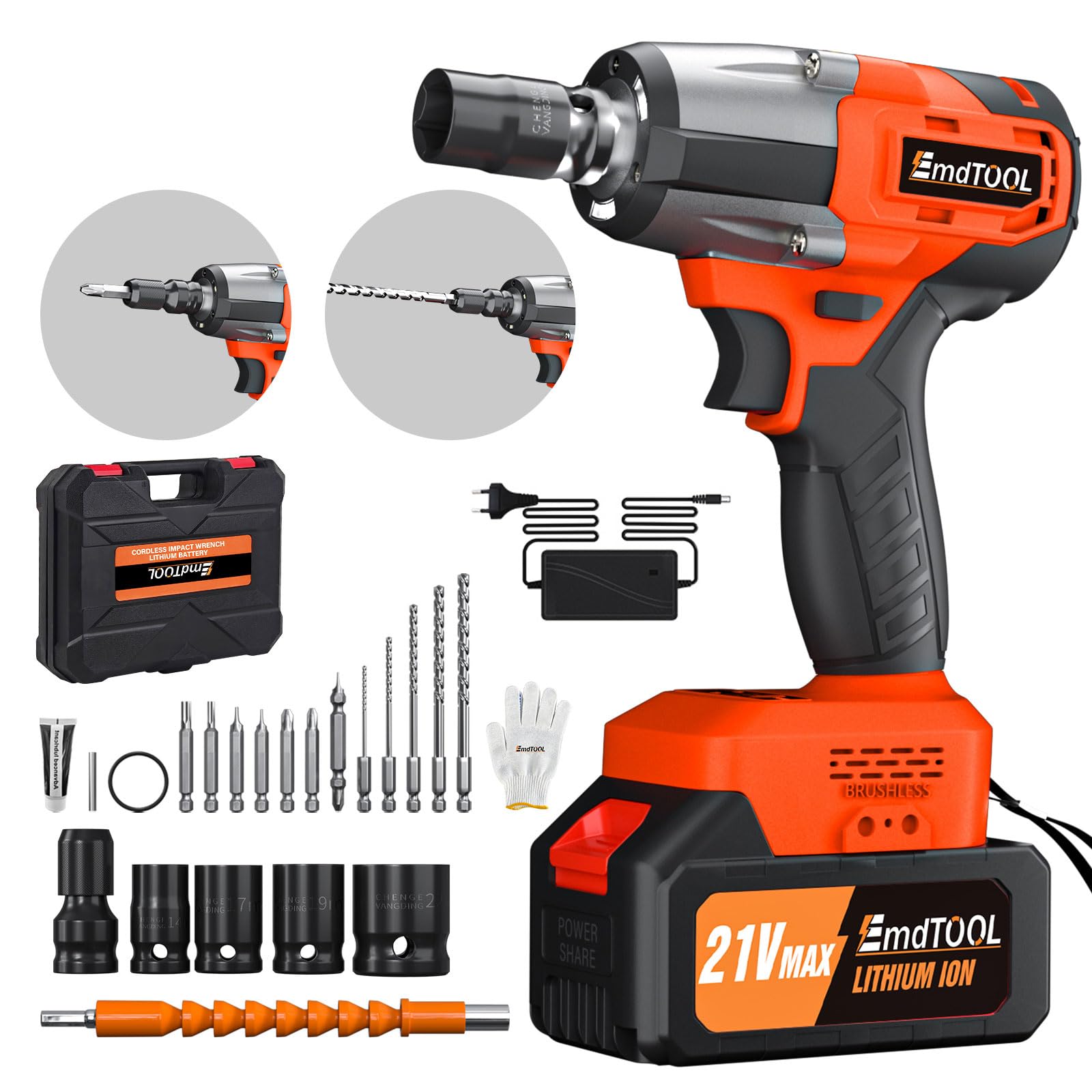 Moteur sans balais amélioré visseuses à choc électriques 1/2”Couple maximum 550n.m,lumière led intégrée,clef a choc batterie de 4,0 Ah, 2 modes de vitesse, pour boulonner et déboulonner