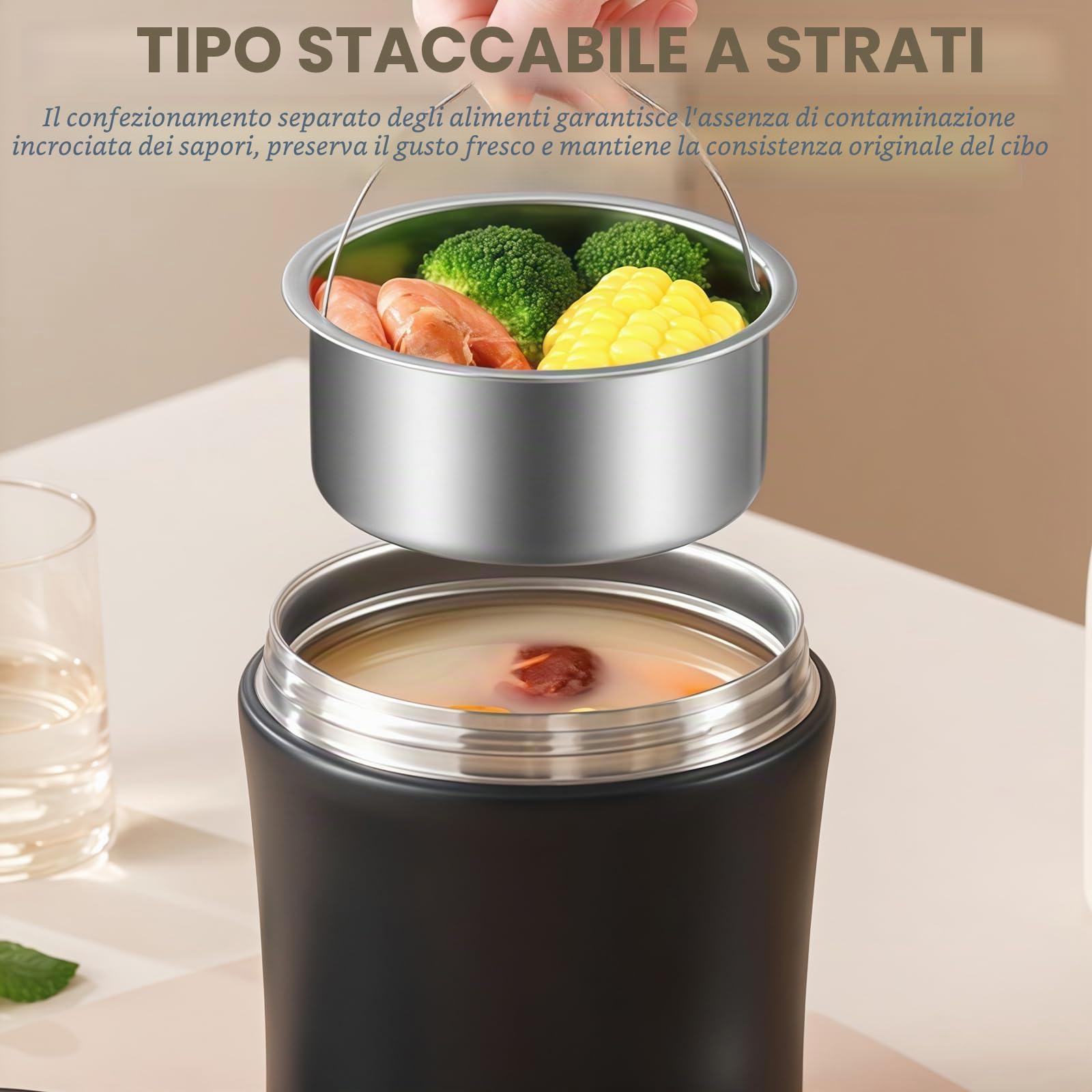 Contenitore termico per alimenti: 1,2L Contenitore termico in acciaio inox con coperchio, Thermoskanne a tenuta stagna per alimenti, Lunchbox termica per cibi (Nero)