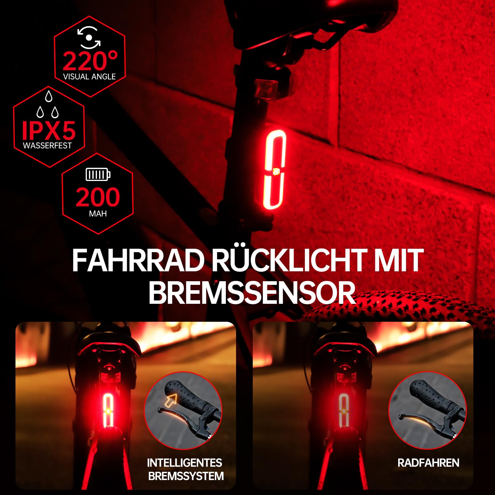 BOLEi Set di luci a LED per bicicletta, 100 lux, omologate StVZO, illuminazione per bicicletta, ricaricabile, IPX5, impermeabili, batteria (luce anteriore + luce freno posteriore)