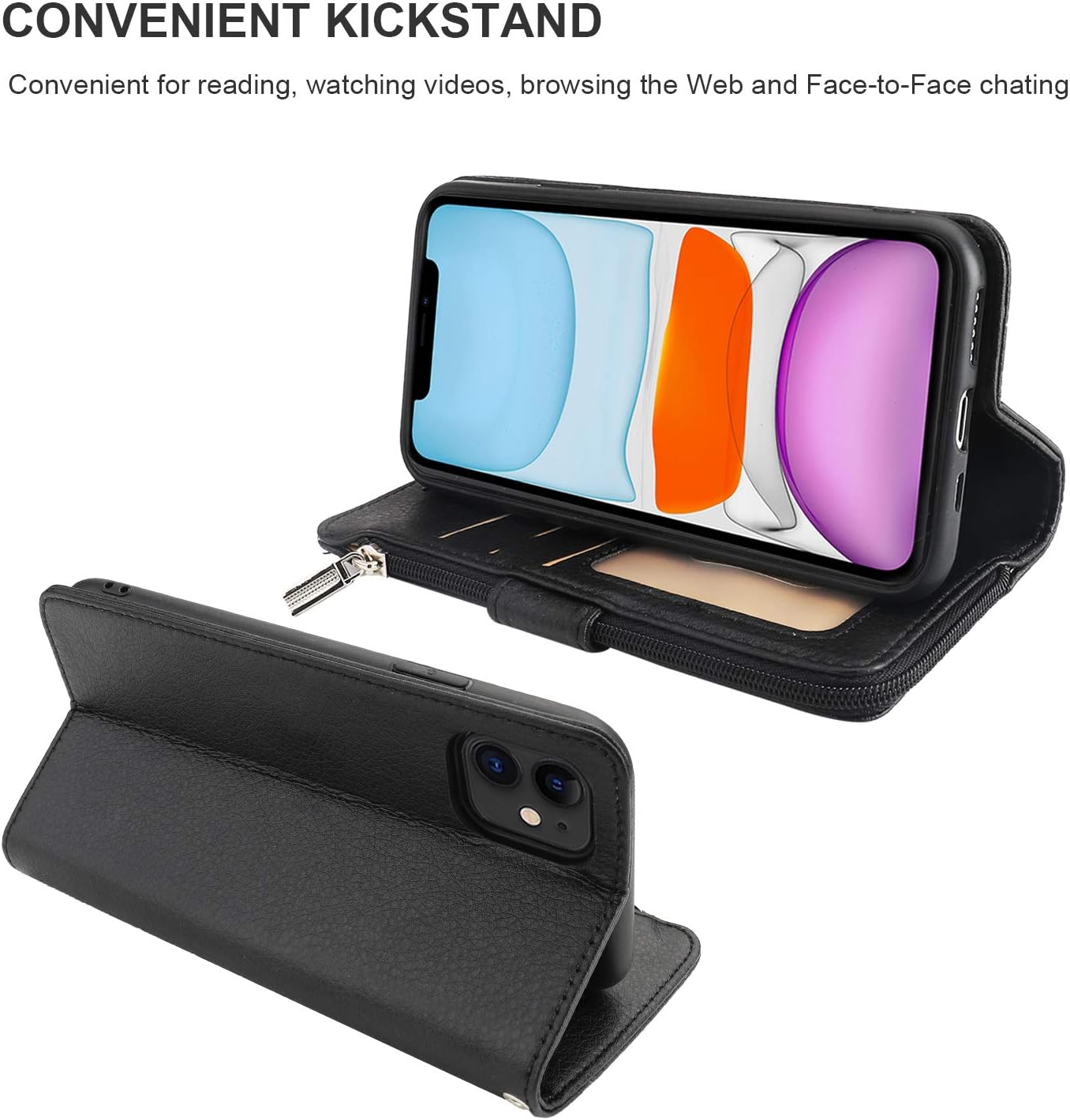 KIHUWEY Compatible with iPhone 12 Compatible with iPhone 12 Pro Wallet Case Leather Zipper with Card Holder and Wrist Strap,Kickstand and Protective Lanyard Purse Cover 6.1 inch Black