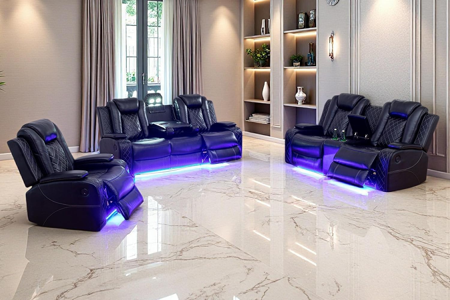 Power Recliner Sofa Set, Black Leather 3 Pieces Sectional Couch, Living Room Furniture Sets with LED Light, Modern Power Reclining Sets with Storage Console/Cup Holder for Living Room Power Recliner Sofa Set, Black Leather 3 Pieces Sectional Couch, Living Room Furniture Sets with LED Light, Modern Power Reclining Sets with Storage Console/Cup Holder for Living Room