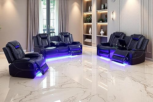 Juego de Sofá Reclinable Eléctrico, Sofá Seccional de Cuero Negro de 3 Piezas, Juegos de Muebles de Sala de Estar con Luz LED, Juegos Reclinables