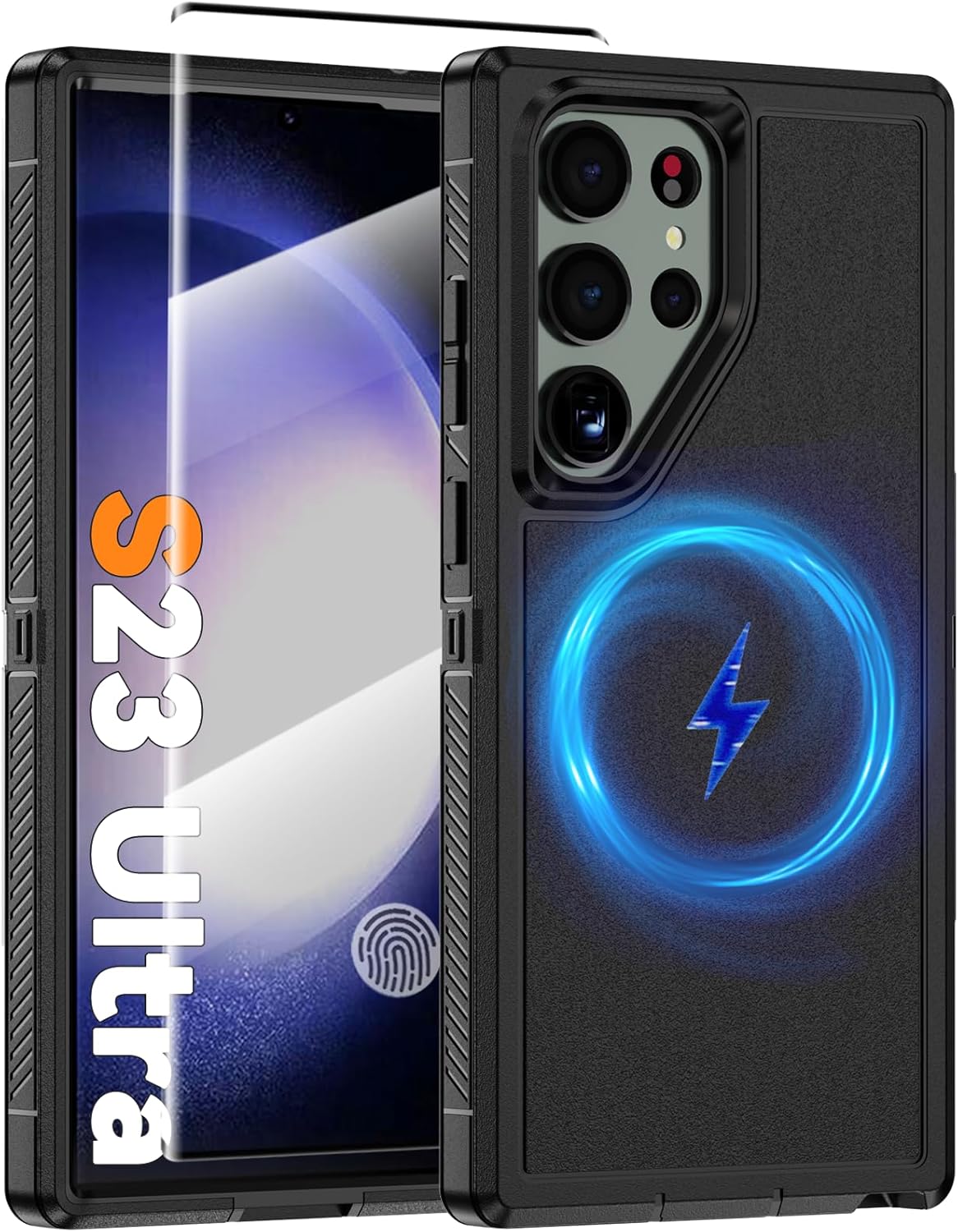 For Samsung Galaxy S23 Ultra Magnetic Case [Compatible with Magsafe] [Glass Screen Protector] [Dual Layer Military-Grade Protection] Heavy Duty Shockproof Cover for Samsung S23 Ultra 6.8 inch, Black Samsung S23 Ultra SP Black