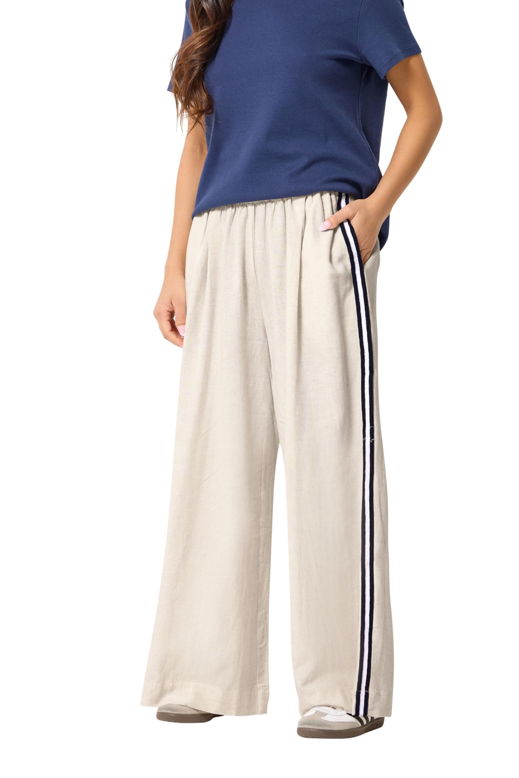 PixieGirl Women's Petite Side Stripe Linen Wide Leg Trousers in Natural | Size: 14S
