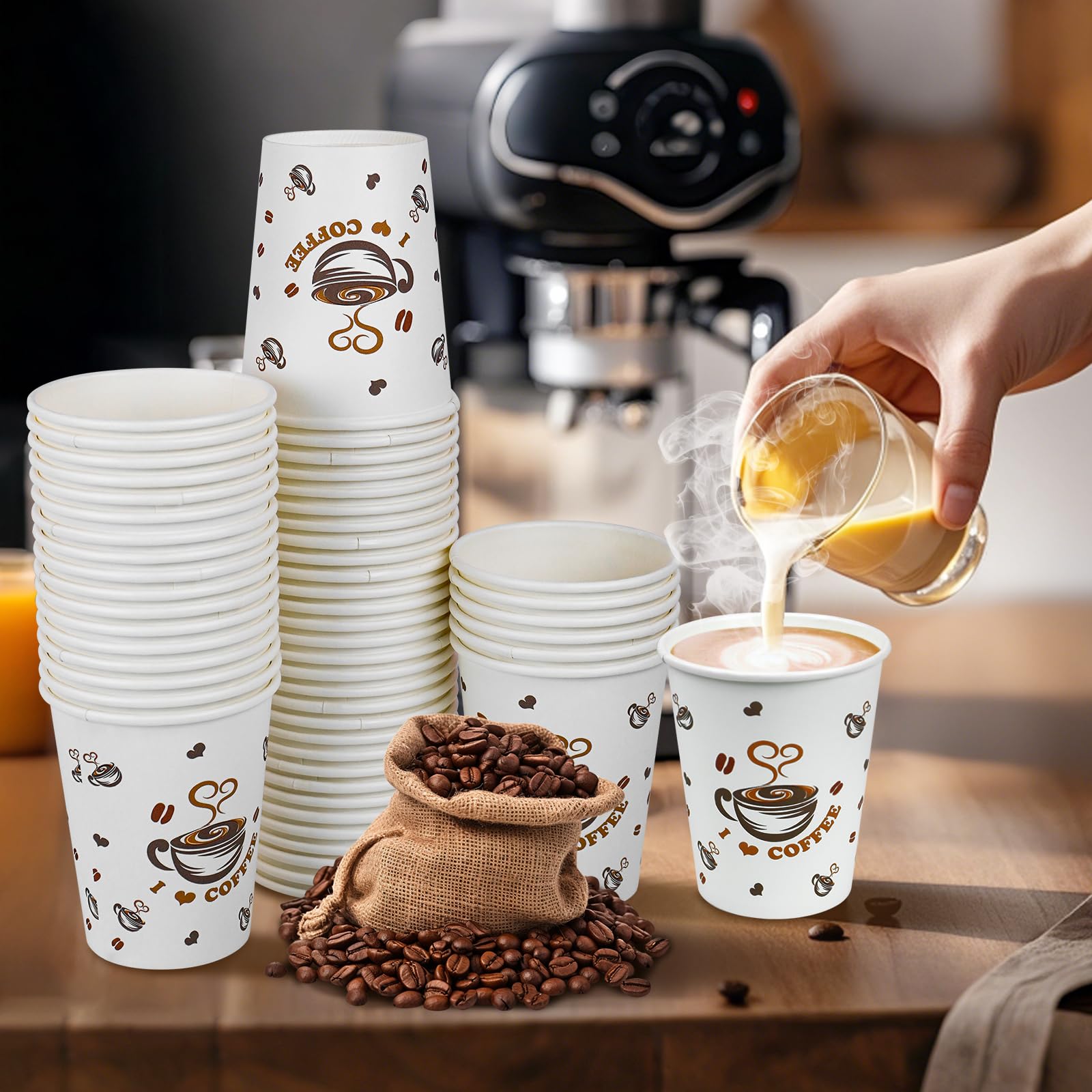 Ginkgo Lot de 200 tasses à café jetables de 236,8 g | Tasses à expresso en papier épais anti-fuite | Parfaites pour les fêtes, la maison, le bureau, le cacao chaud et le chocolat