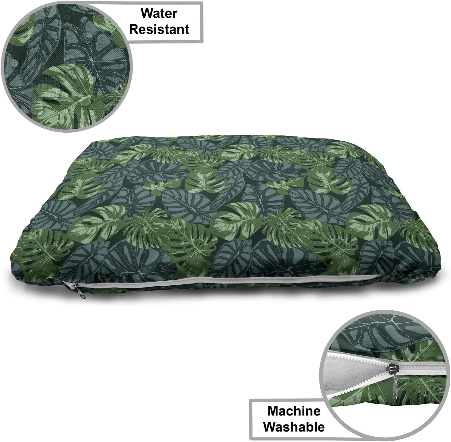 review Lunarable Green Leaves Pet Bed, Dark Colored Leafage Rainforest Themed Continuous Pattern Print, Chew Resistant Pad for Dogs and Cats Cushion with Removable Cover, 24