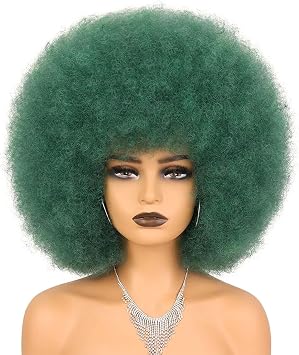 Green Afro Wig and Costume Halloween Wig for Black Women Glueless Wear and Go Short Afro Puff Kinky Curly Wig and Heat Resistant Bouncy Wig Dark Green
