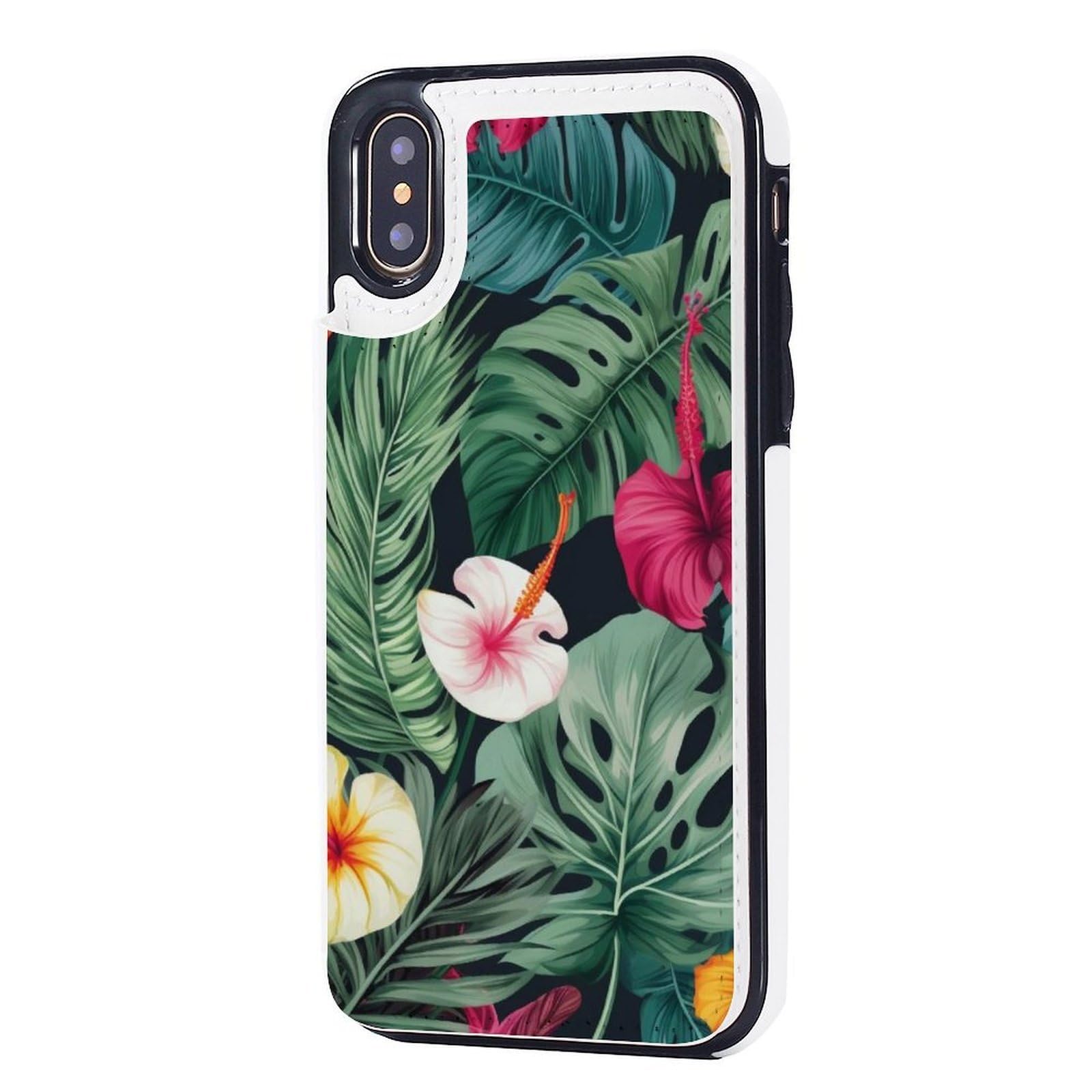 Etui portfelowe na iPhone'a X/XS, Hojas Tropicales Y Flores nadruki skórzane etui na telefon z klapką z przegródkami na karty
