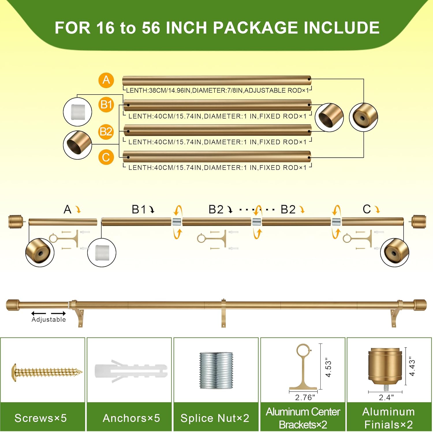 Warm Gold Curtain Rods for Windows 16 to 56 Inch, 1 Inch Diameter Blackout Curtain Rod with Aluminum Cylinder Finials and Full Surround Brackets, Window Curtain Rod for Wall and Ceiling Mount