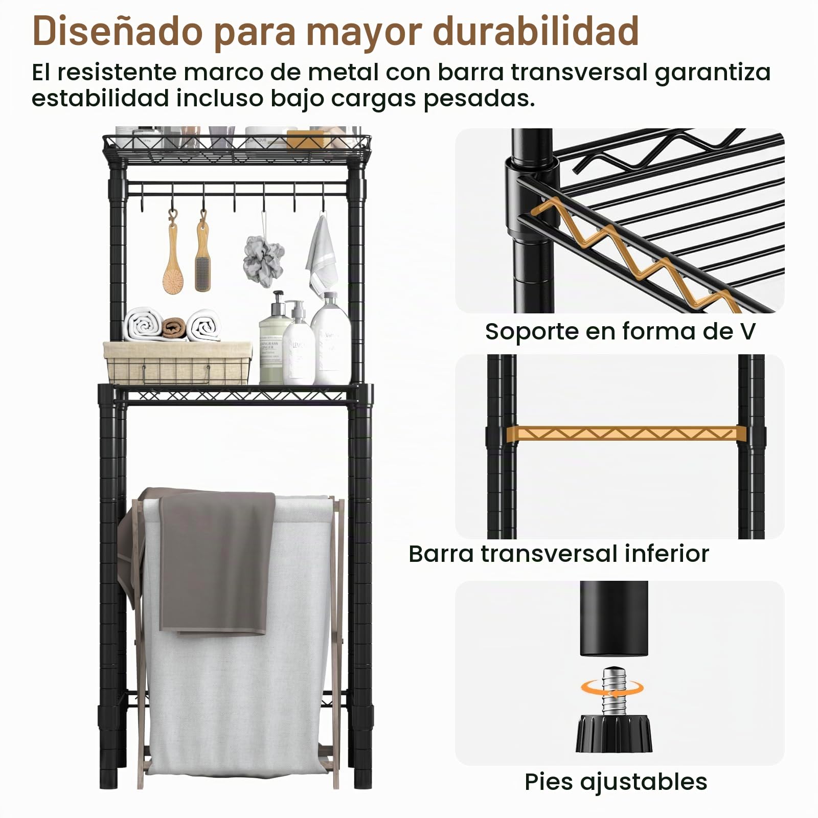 Estantería para Mini Nevera de 2 Niveles con 7 Ganchos | Metálica Ajustable, para Cocina, Baño, Dormitorio o Lavandería, Negro, 60 × 40 × 145,5 cm