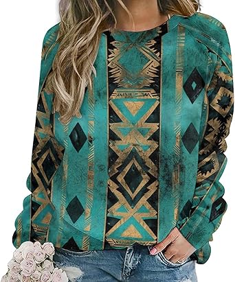 ZOCAVIA Western Aztec Sweatshirts for Women Retro Ethnic Graphic Crewneck Long Sleeve Pullover Tops Fall Casual Country Shirt