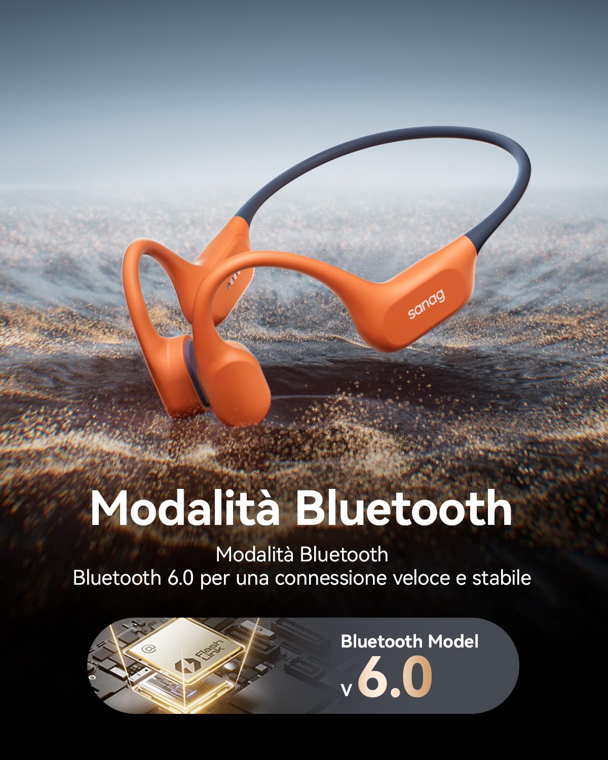 SANAG Cuffie a Conduzione Ossea, IP68 Impermeabili per Nuoto, MP3 Integrato 64GB, Bluetooth 6.0, Rivestimento in Silicone Liquido, Open Ear con AI Noise Cancelling, 9 Ore di Autonomia, Premium Sound
