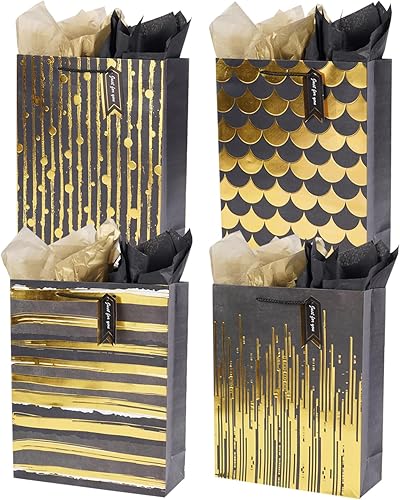 Ranfashiong Juego de 4 bolsas de regalo grandes de 12.6 x 10.2 x 3.9 pulgadas con papel de seda negro y dorado para compras, cumpleaños, bodas,