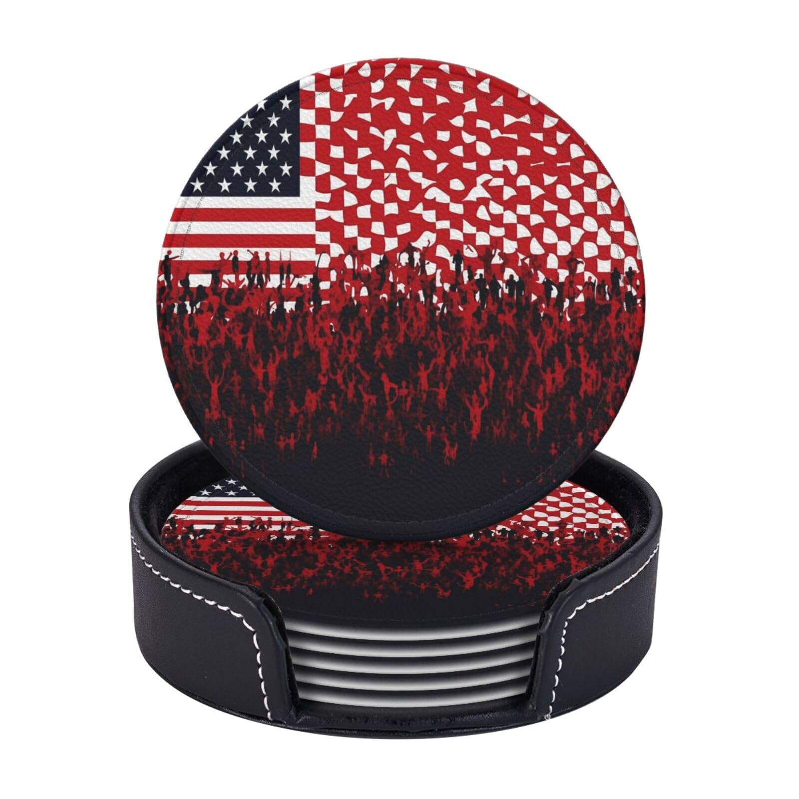 6PCS Drink Coasters with Holder, 4" Leather Coasters for Drinks, Flag and Crowd Cup Coasters for Coffee Table Decor, Non-Slip Drinking Cup Mat for Hot or Cold Drink