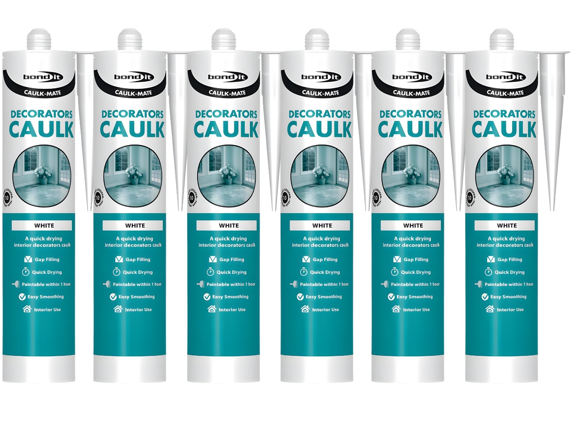 Bond It Caulk-Mate One Hour White Acrylic Decorators 6 Pack (285ml Each) – Quick Dry Flexible Paintable Caulk for Interior Cracks, Skirting Boards & Plasterboard Filling