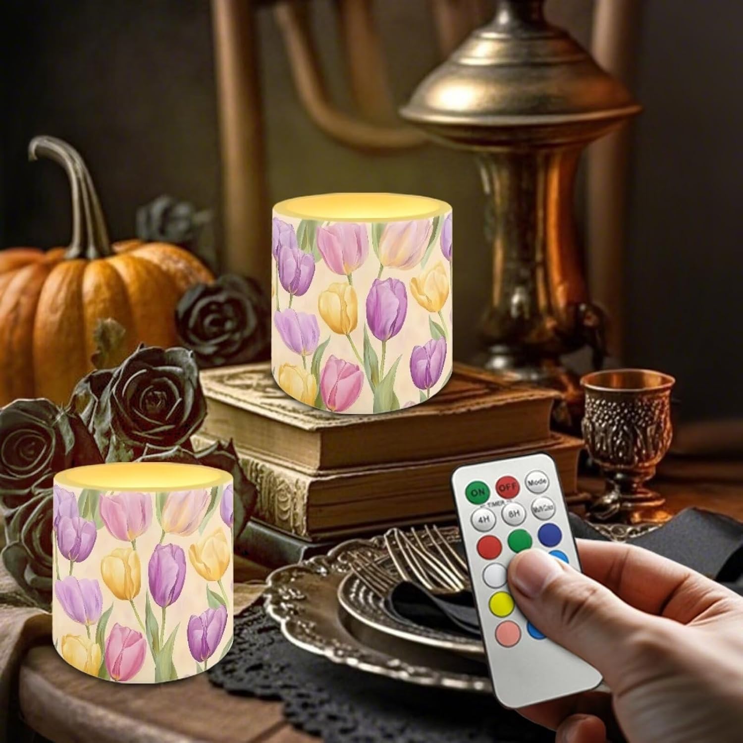 Merkmak Set of 4 Tulip Flameless Candles with Timer Battery Operated Candles with Remote LED Pillar Tea Lights for Indoor Outdoor Easter Day Patio Porch Wedding Home Decorations