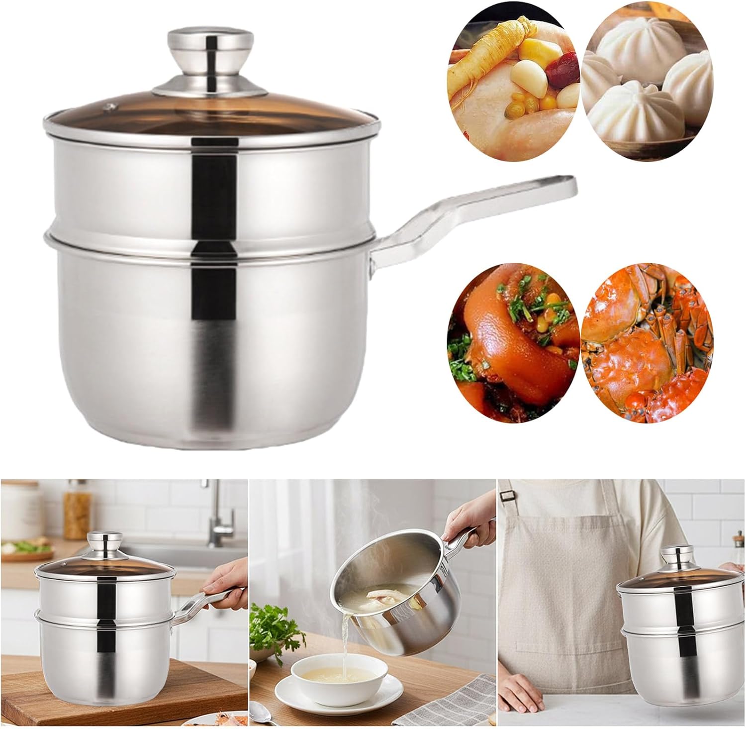 積み重ね可能な蒸し器セット 2 層ステンレス鋼オーブン対応透明蓋付きベーキング &amp; 蒸し用商用グレードのステンレス鋼蒸し器