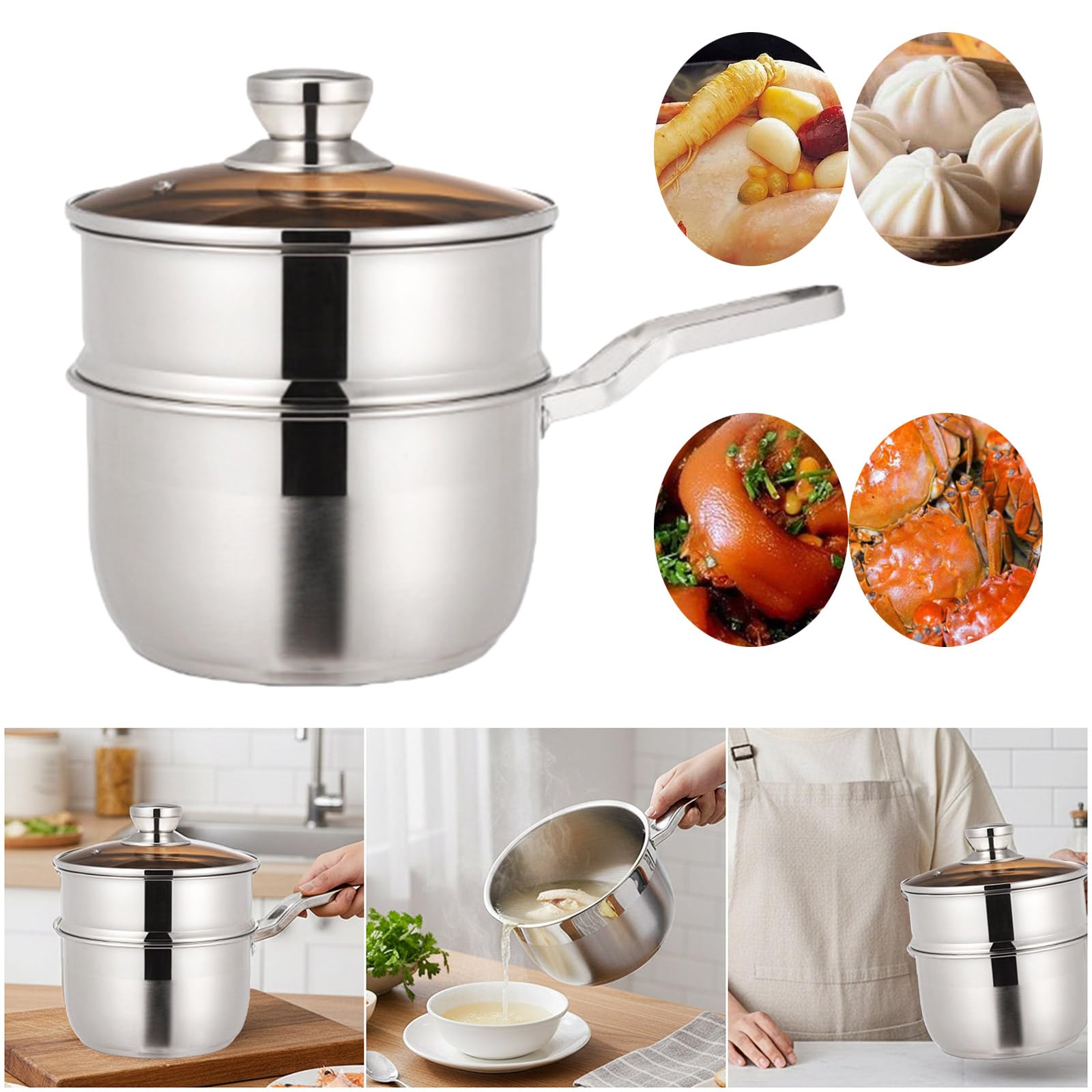 Juego de vaporera de acero inoxidable con tapa transparente, ollas de vapor aptas para horno, utensilios de cocina para hornear verduras al vapor utensilios de cocina