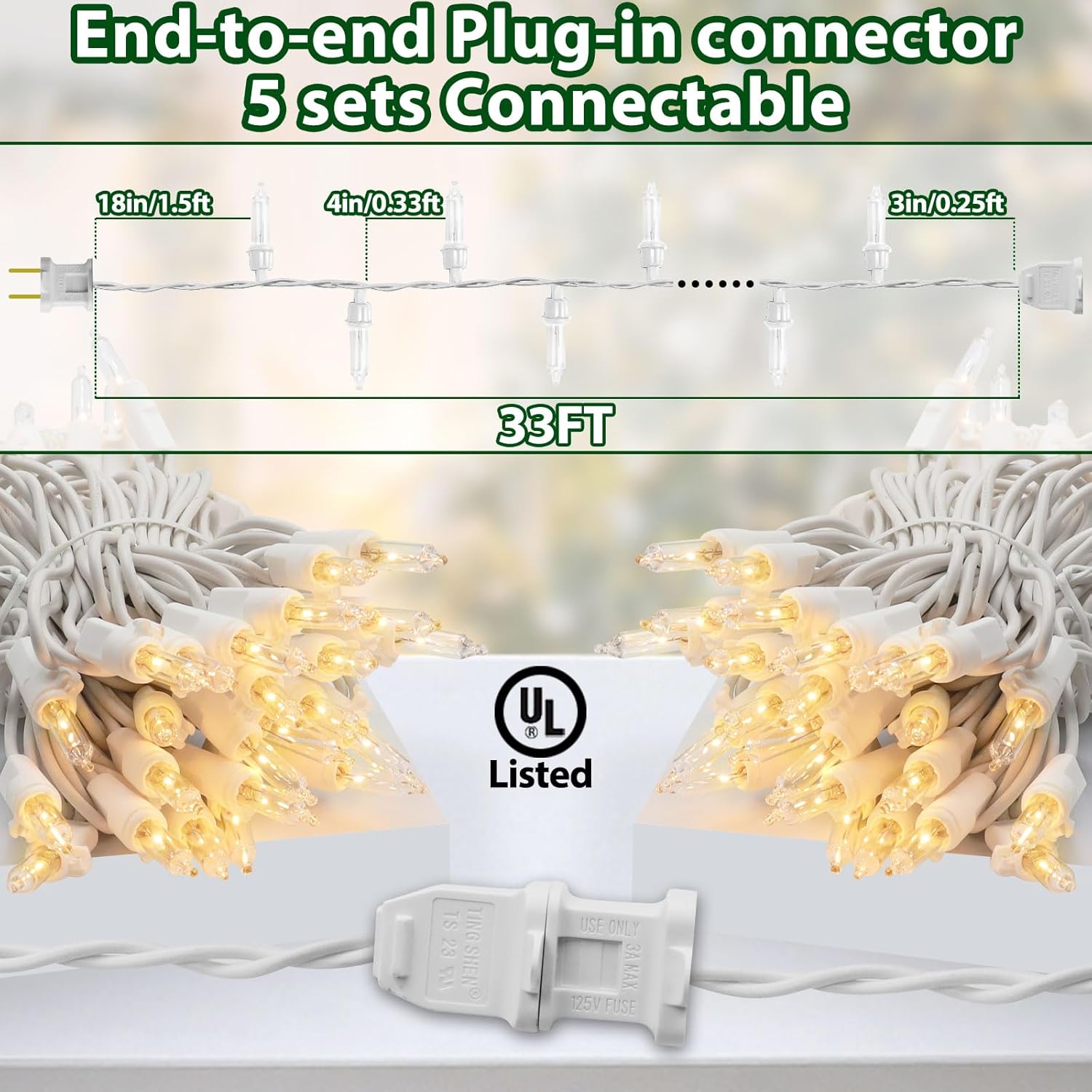 Clear Christmas Lights 33FT 100 Incandescent Bulbs Warm White Mini Lights with White Wire for Christmas Tree, Garland, Thanksgiving, Wedding, Party, Home, Indoor & Outdoor Festival Decoration