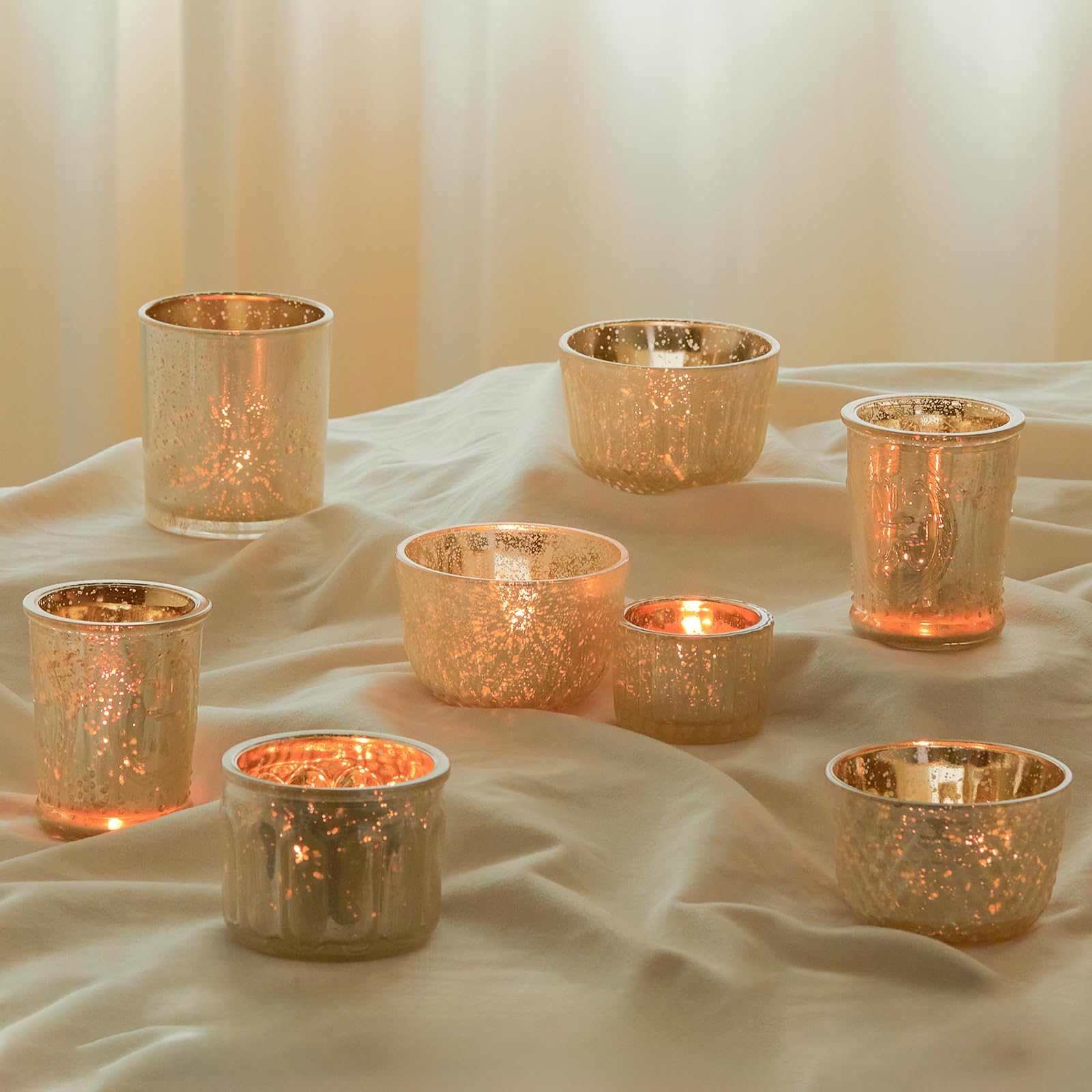 DN DECONATION Teelichthalter Gold, 8er-Set Kerzenhalter Glas, Votivkerzenhalter aus Quecksilberglas für den Tischaufsatz bei Hochzeiten, Partys, Herbst | Votivkerzenhalter, Vintage-Teelichthalter für Hochzeiten, Partys, Tafelaufsätze, Dekorationen