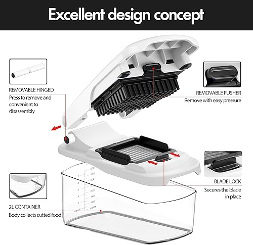 Vista 5 de Cambom Picador de verduras con contenedor, cortador multifuncional de alimentos para cebollas y verduras con 8 cuchillas, rebanador de zanahoria
