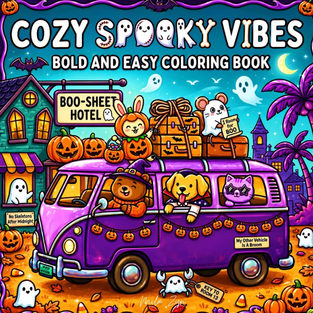 Cozy Spooky Vibes: Bold and Easy Coloring Book for Adults and Kids with Cute Animal Spooky Scenes and Cozy Humor for Relaxation (Cozy Vibes Coloring)