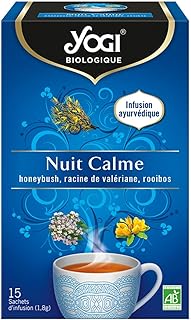 Yogi Biologique Nuit Calme, Infusion 100% Bio Honeybush, Valériane et Rooibos, 15 Sachets thermosoudés et sans agrafe, 27g