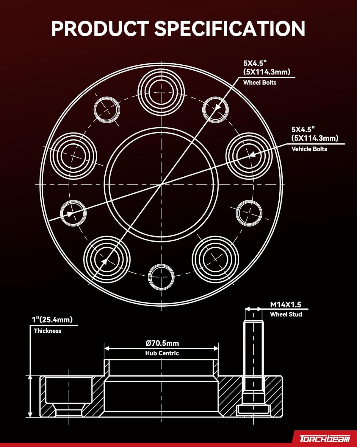 Torchbeam 5x4.5 Hub Centric Wheel Spacers 1 inch with M14x1.5, 70.5mm Hub Bore, for 2020-2024 Explorer, 2015-2021 Mustang, 2015-2021 Mustang, 2022-2025 Mustang, 2020-2025 Aviator, 2015-2017 Mustang - Image 2