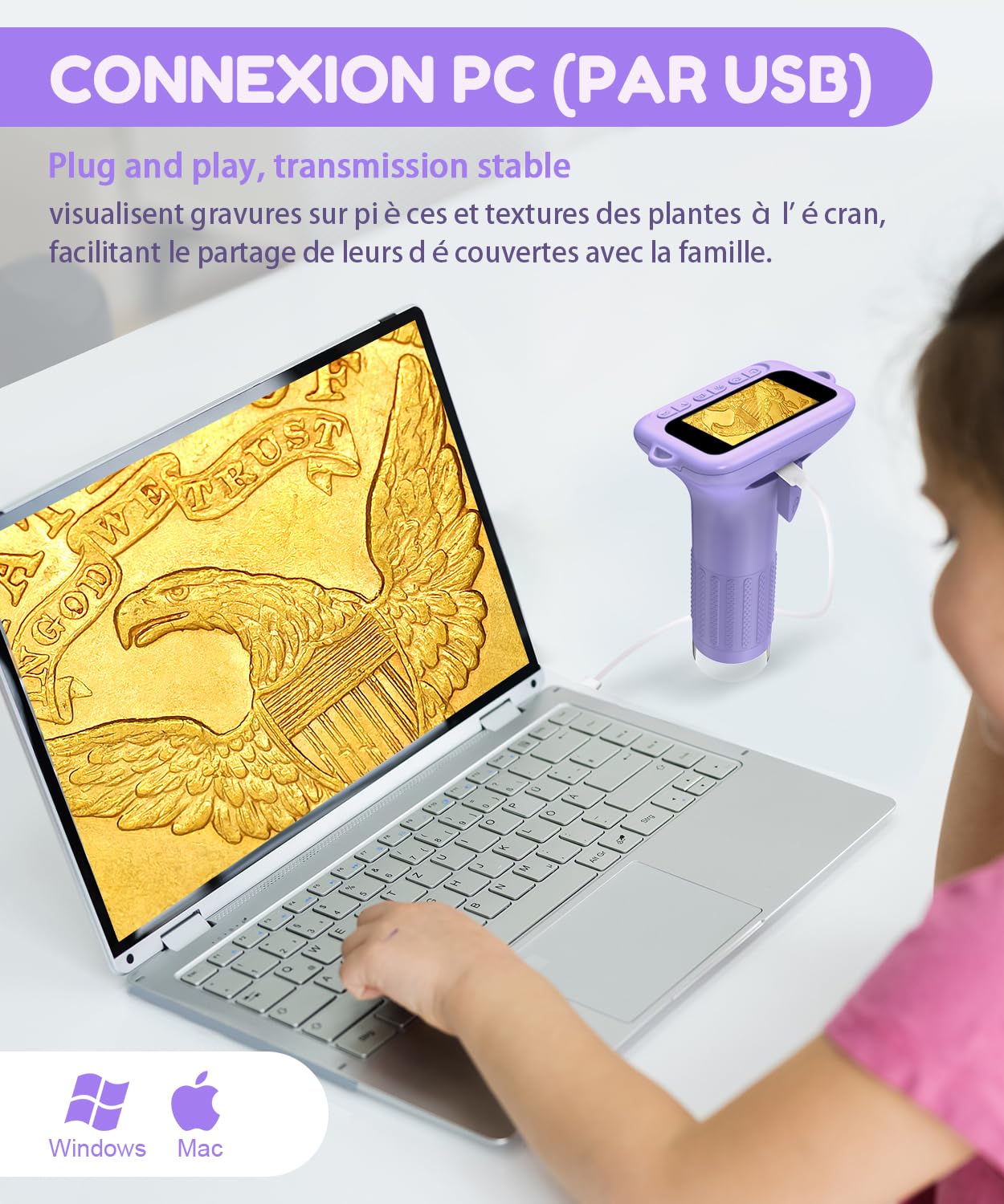 USCAMEL Microscope Numérique pour Enfant Petiscope : 1000x Microscope de Poche Écran IPS 2.0" Lumières LED Portable Miniscope Kit - Jouet 3 à 12 Ans Éducatif pour Explorateurs de la Nature
