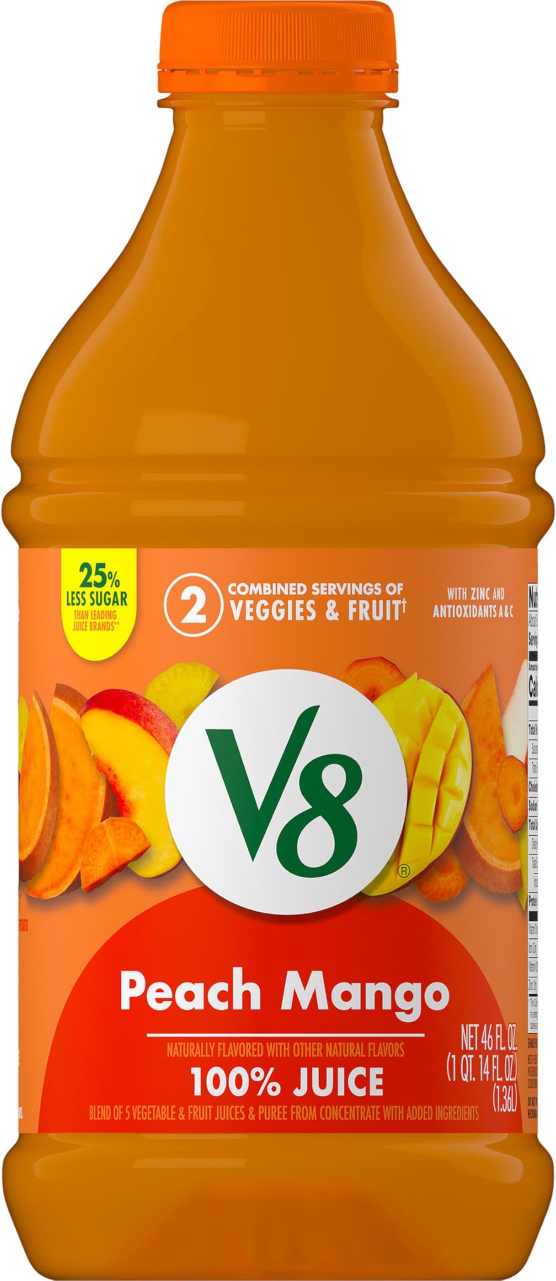 V8 Peach Mango 100% Fruit and Vegetable Juice, 46 fl oz Bottle