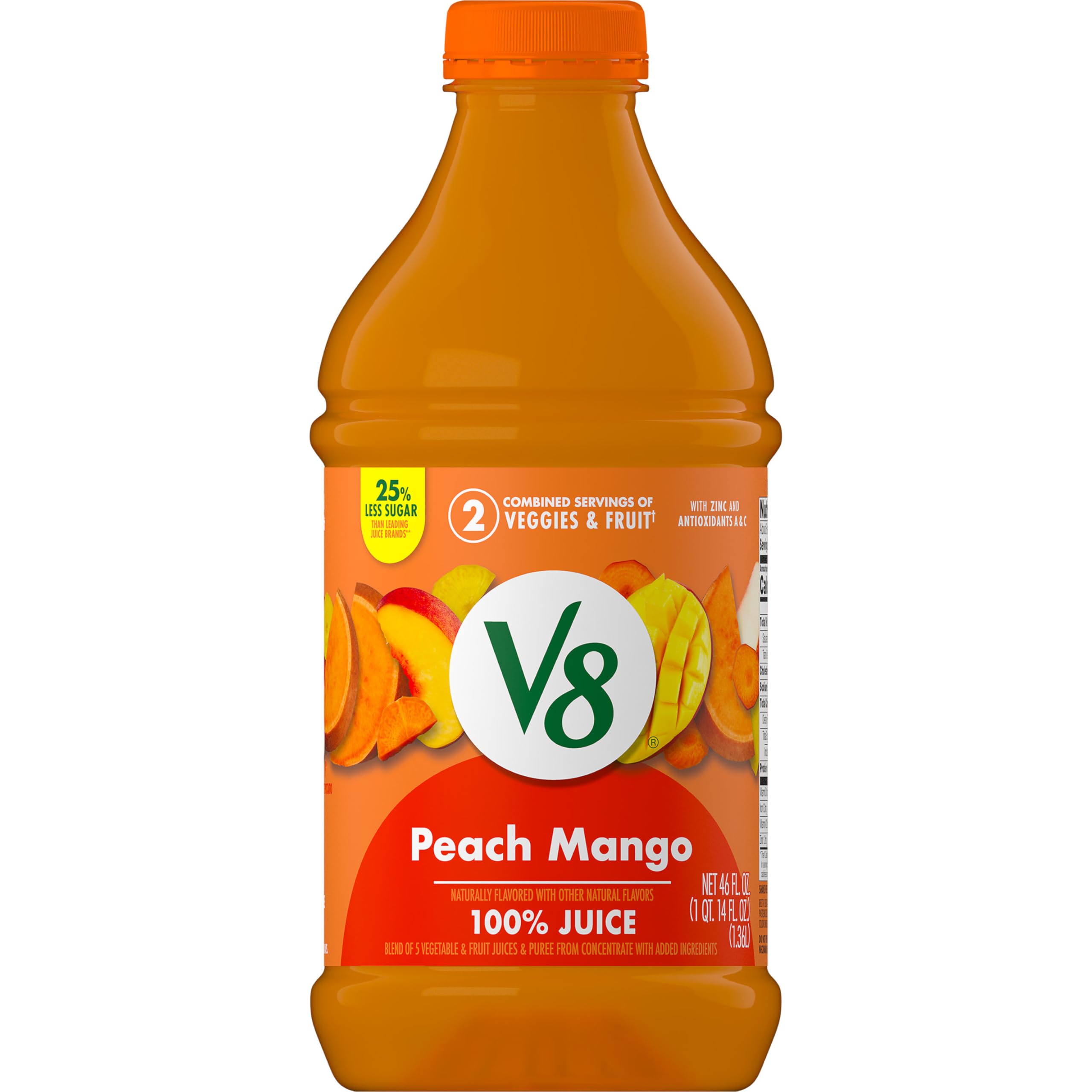 V8 Peach Mango 100% Fruit and Vegetable Juice, 46 fl oz Bottle