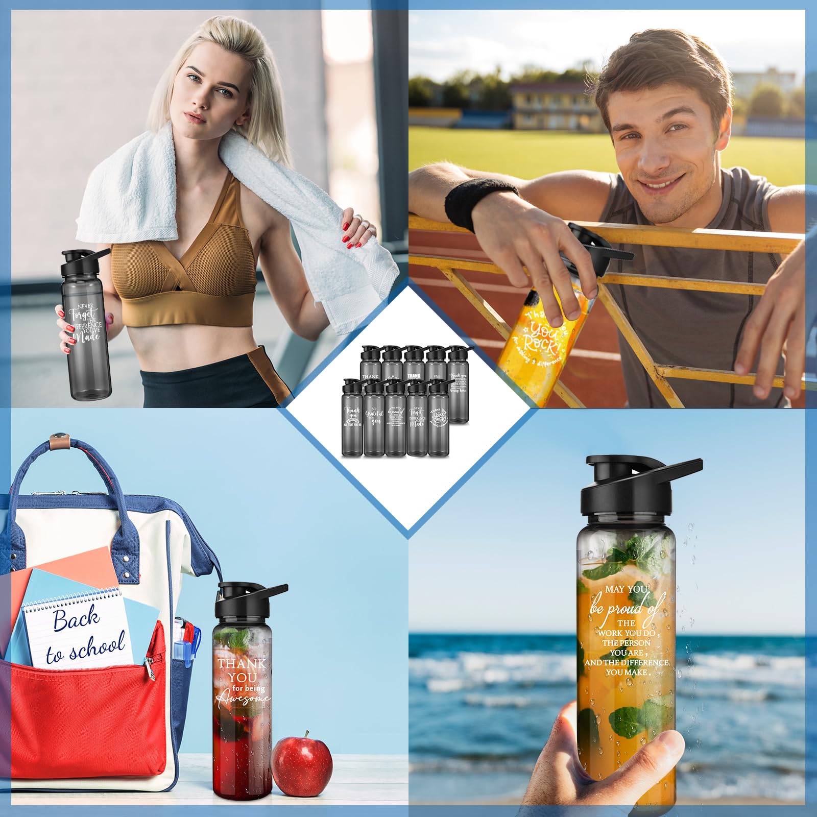 Inbagi 12er-Set Dankes-Wasserflaschen 680 Ml – Bunt, Auslaufsicher, Mit Motivierenden Aufschriften Für Team & Kollegen