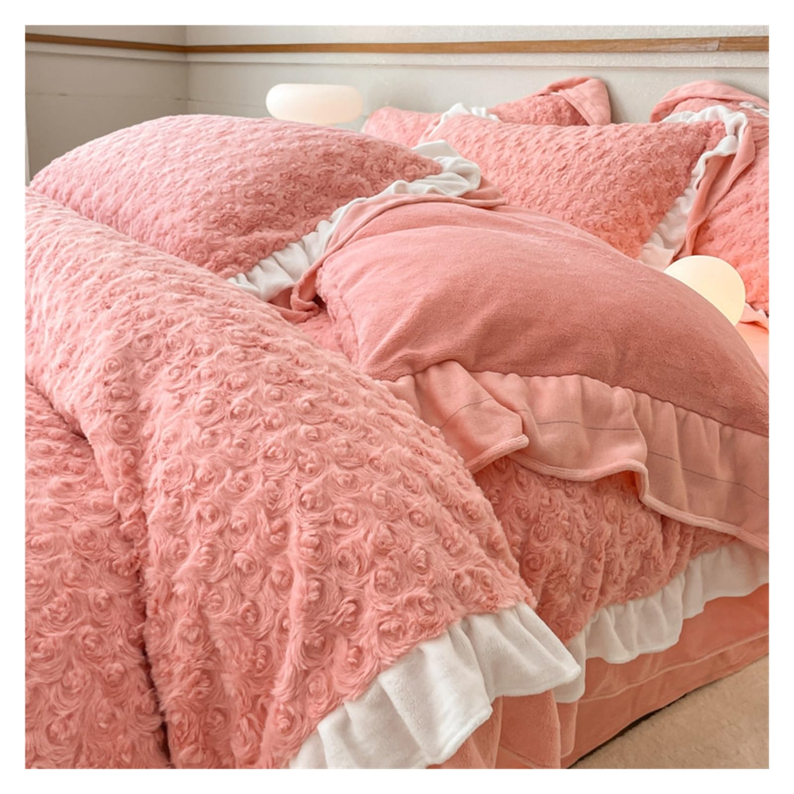 Housse de couette pelucheuse rose parure de lit 4 pièces pour hiver cocooning