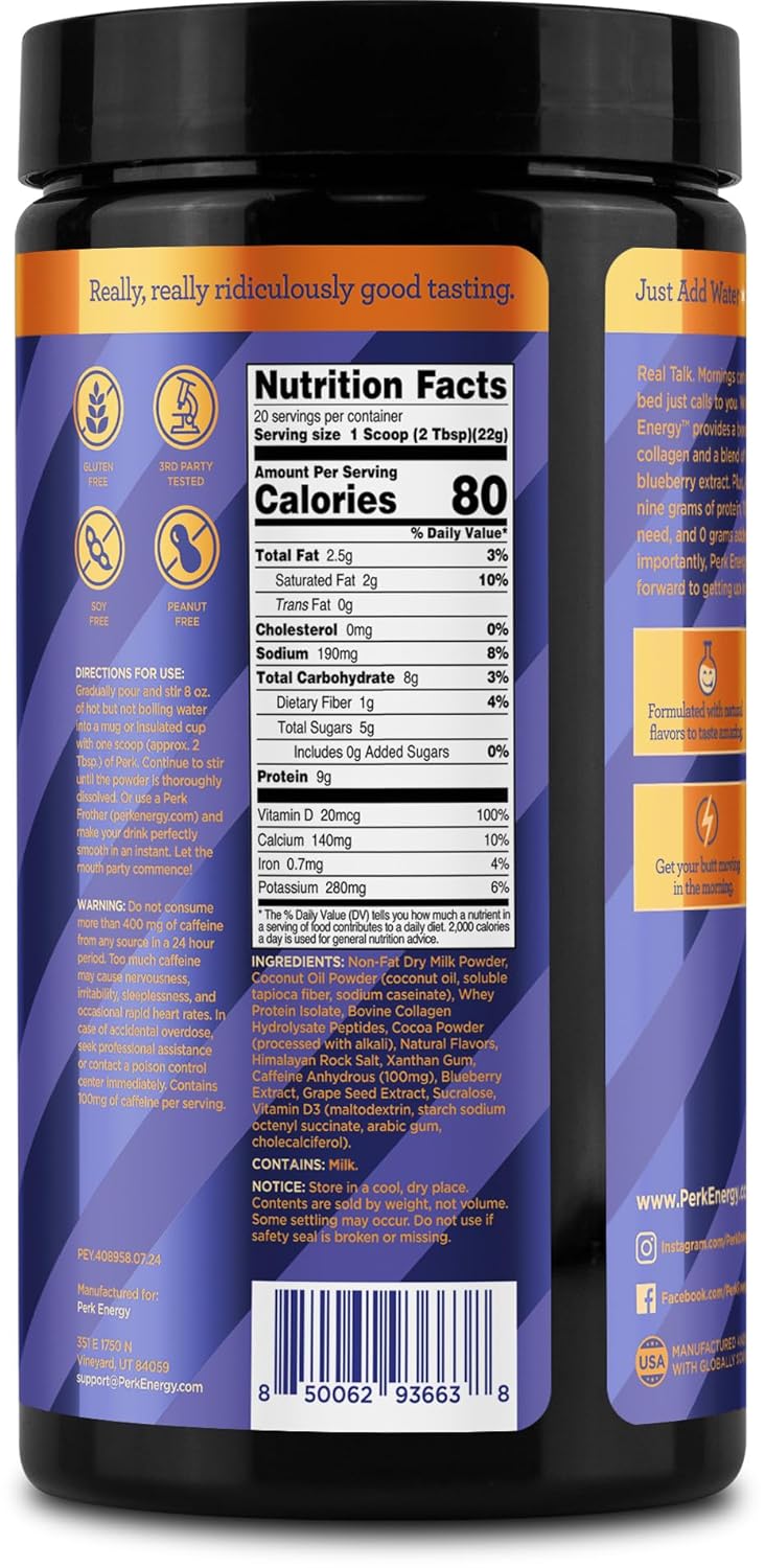 Perk Energy Drink Mix (Chocolate Orange) 20 Servings - Caffeinated Healthy Coffee Alternative with Protein, 100mg of Caffeine, Gluten-Free, Soy-Free, Peanut-Free