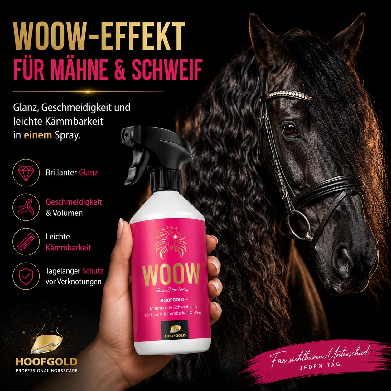 WOOW 2500 ML, Spray Brillance et demelant pour Chevaux, Grand Format Ecurie, demelage Rapide, Film Protecteur Anti poussiere, Finition Soyeuse Longue duree, ADMR Conforme