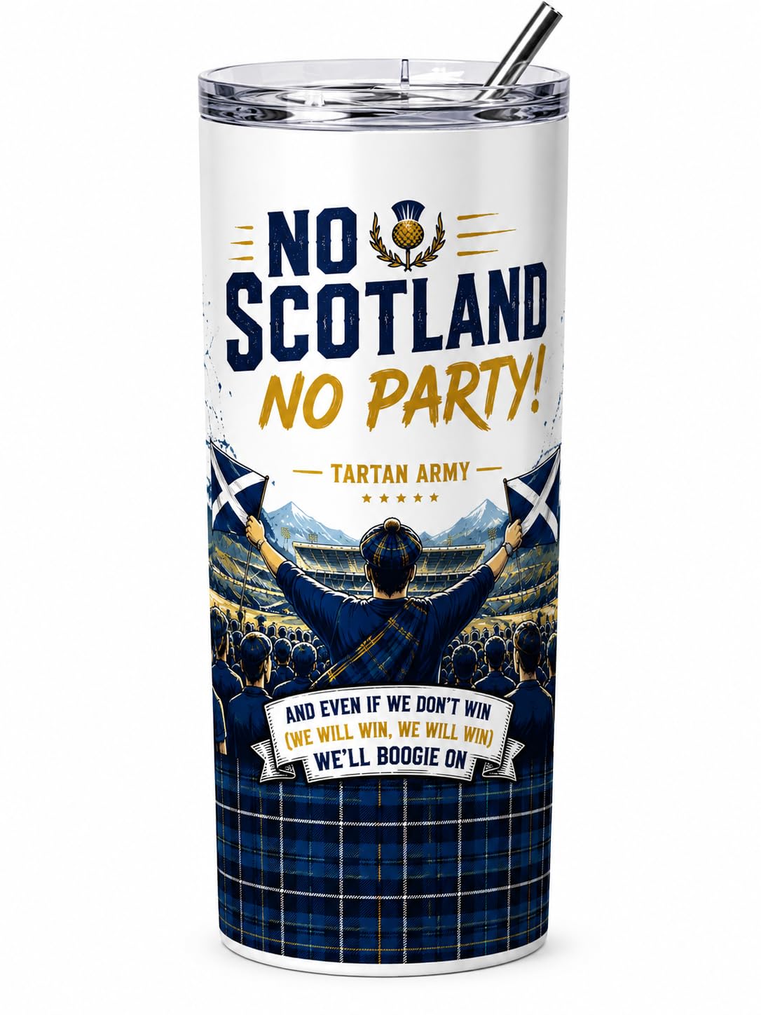 Scotland Tartan Army Tumbler, 'No Scotland No Party' Stainless Steel Cup with Straw and Lid Father's Day/Birthday Gift