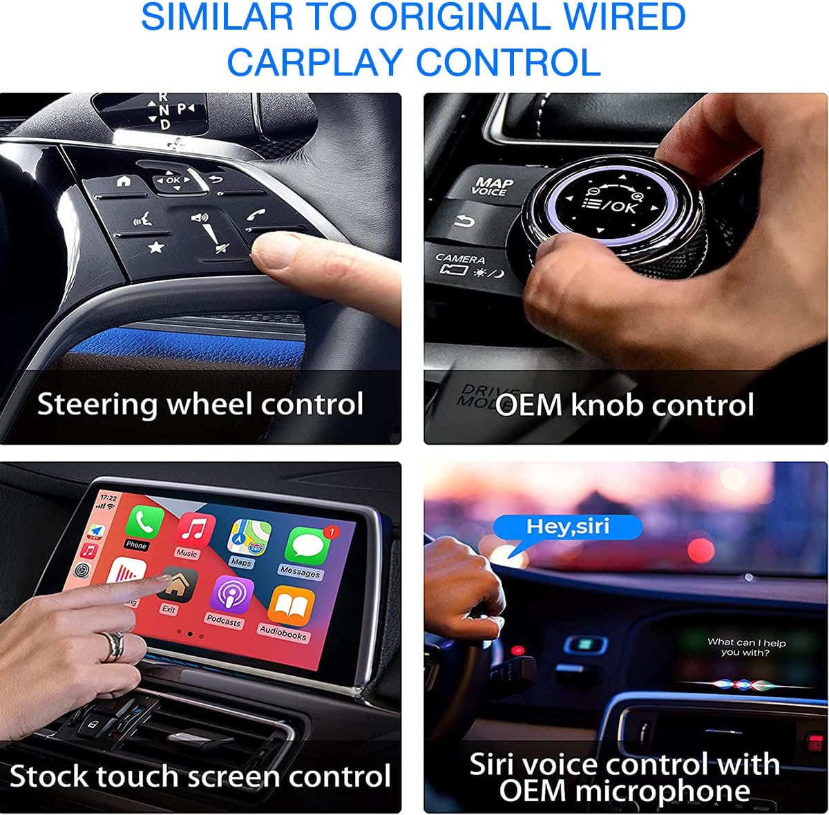 CarPlay interface showing steering wheel controls, OEM knob control, touchscreen control, and Siri voice control.