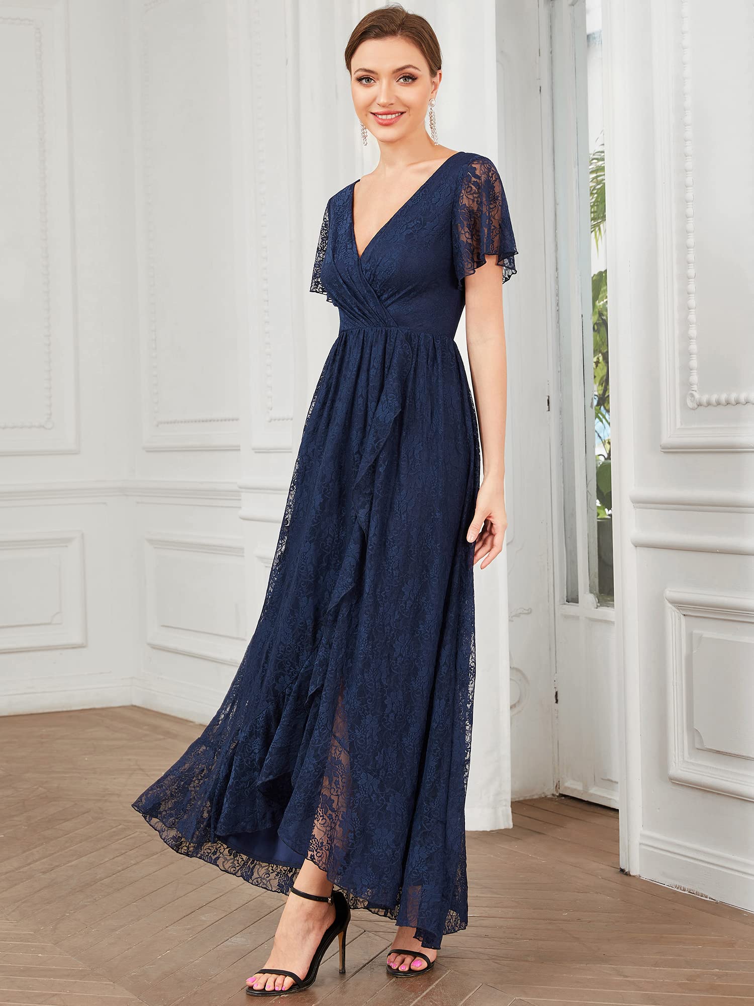 Ever-Pretty Robe Demoiselle d'honneur Femme Longue Asymétrique Dentelle Manches Courtes Col V Fluide Chic EE01489