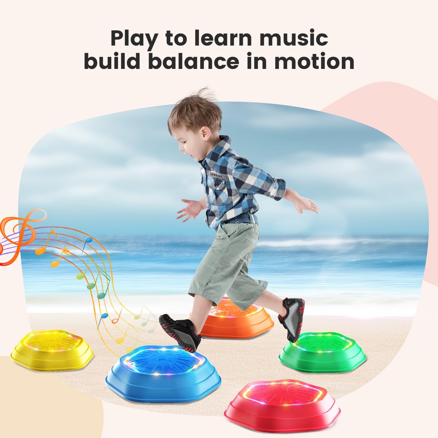 Holyton Music Light Up Balance Beam and Toddler Stepping Stones 13 Pieces, Non-Slip Plastic Balance Stackable Stepping Stones for Kids, Sensory Toys for Toddlers, Indoor or Outdoor Play, Easy Storage