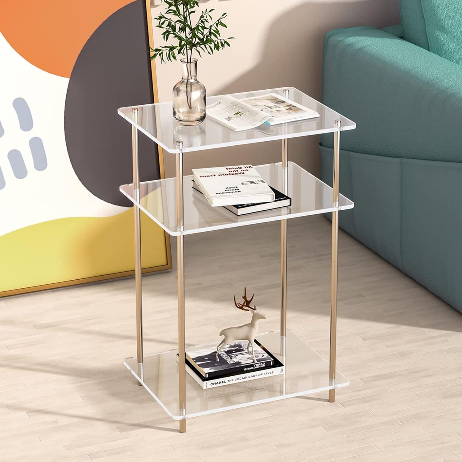 Amazon｜BOEASTER クリアアクリルサイドテーブル 3段アクリルエンドテーブル ステンレススチールブラケット付き コーヒーテーブル