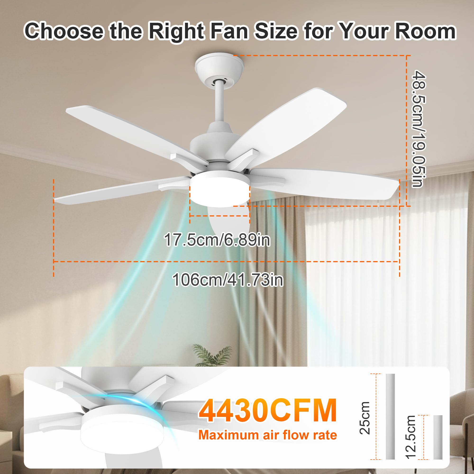 Ventilateur de Plafond avec Lumière et Telecommande, 106cm LED Lampe Ventilateur Plafond Dimmable Lampe Intégrée, 6 Vitesses, Silencieux Pales Effet Bois