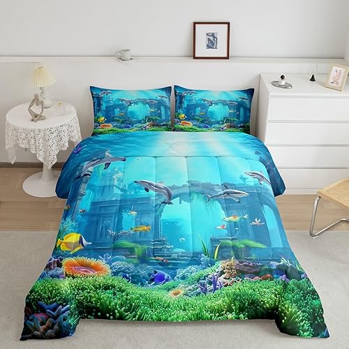 Erosebridal Juego de ropa de cama 3D con diseño de mundo submarino y peces de playa, color azul marino, tamaño Queen, relleno de edredón de delfín