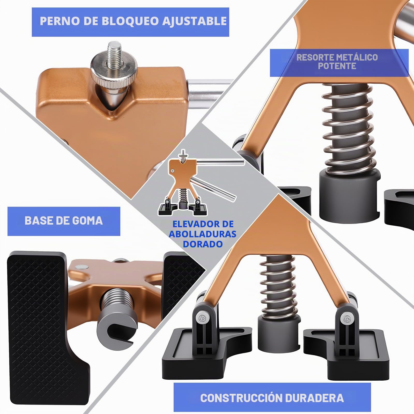 Kit de Extractor de Abolladuras de Coche sin Pintura con Elevador Dorado | 142Pcs Kit de Reparación de Abolladuras, con Placa Reflectante PDR, Abolladuras Extractor de Abolladuras y Ventosa
